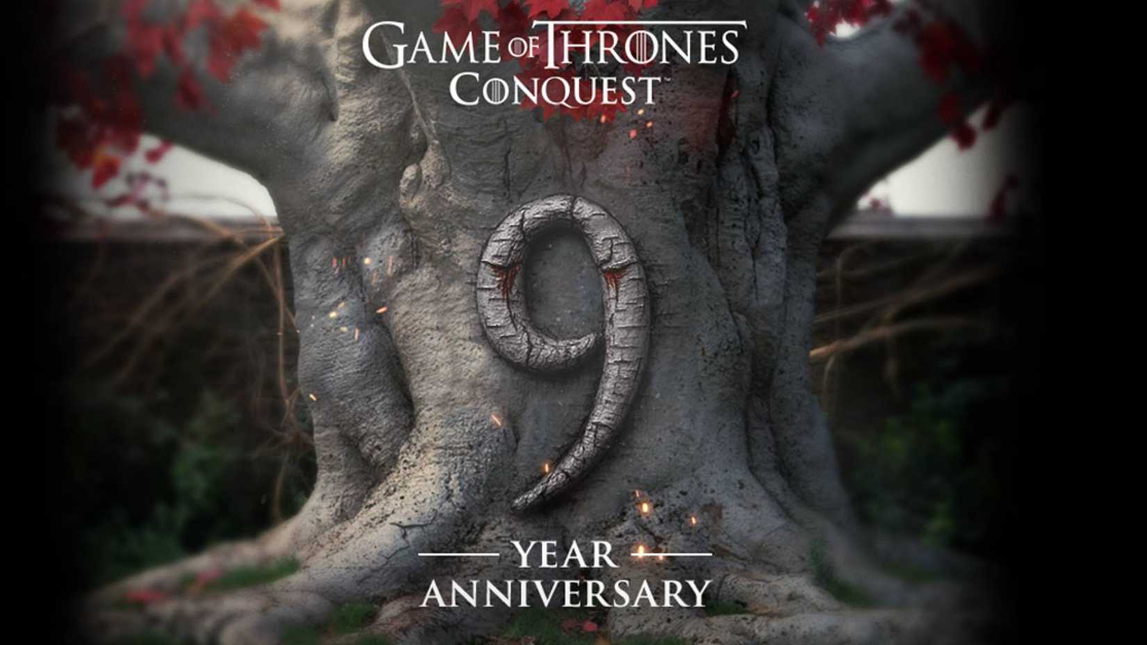 A nine etched into a tree in a promotional image for Game of Thrones Conquest.
