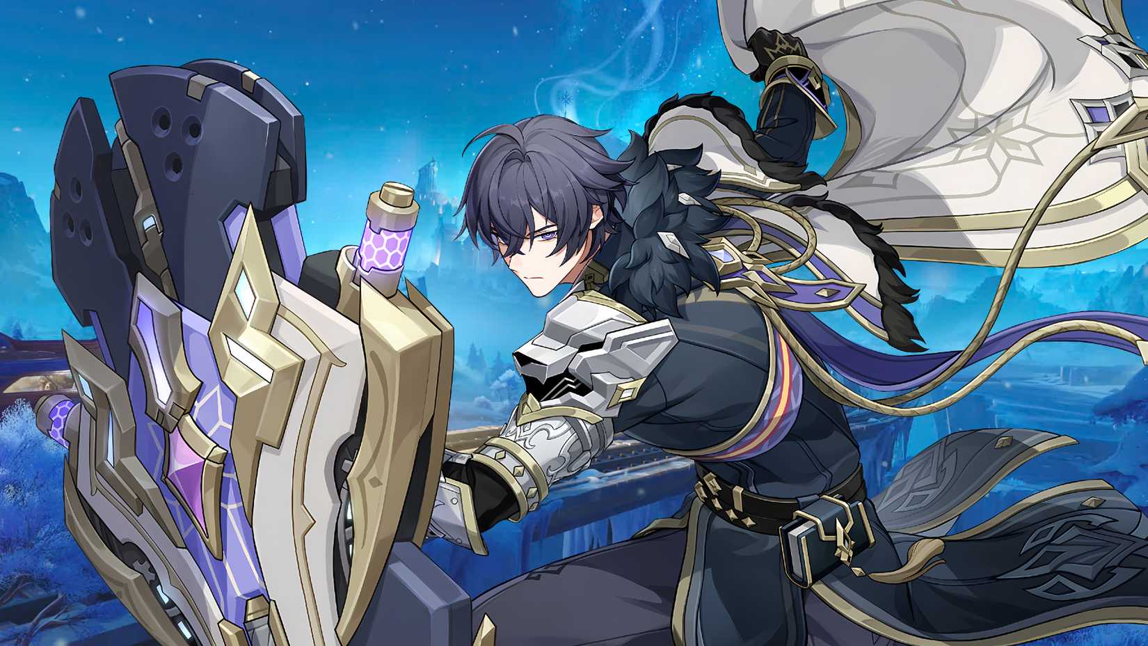 Genshin Impact's Valeriy poses with a shield in Snezhnaya.