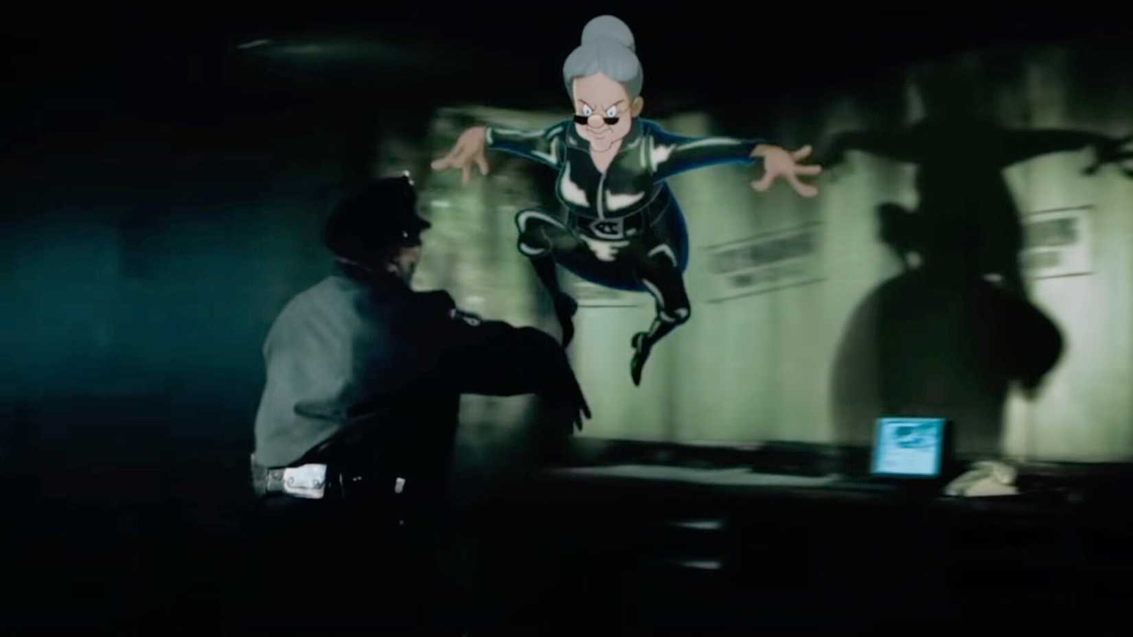 Granny leaping into the air to do the Trinity kick in Space Jam A New Legacy
