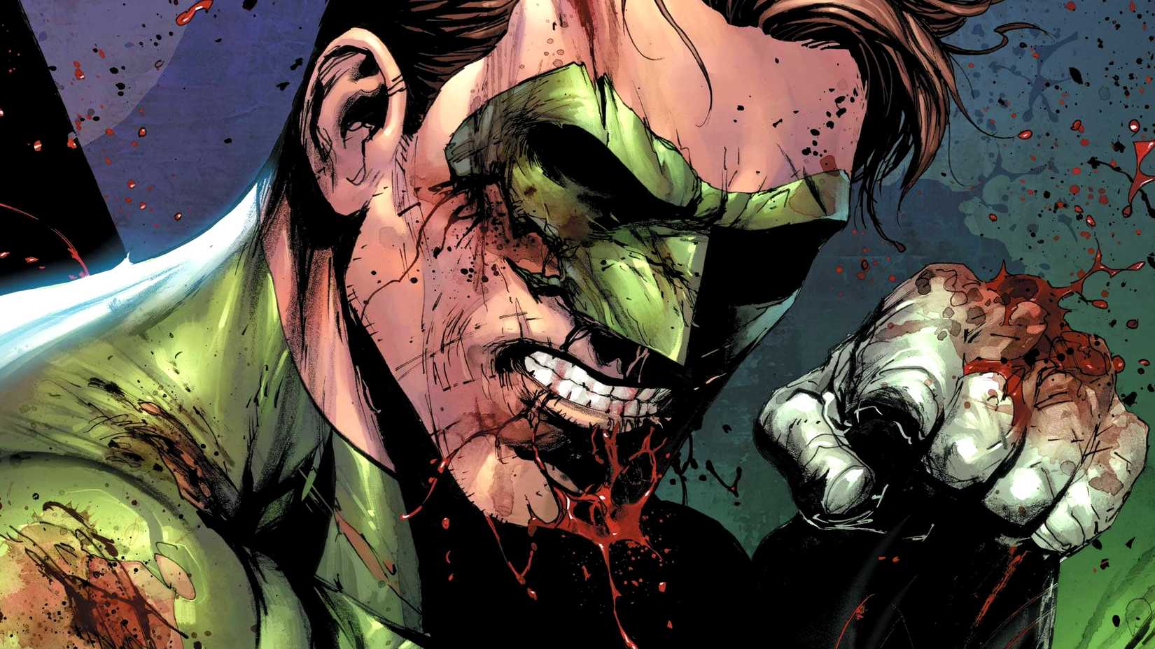 Green Lantern Hal Jordan winds up his punch covered in blood