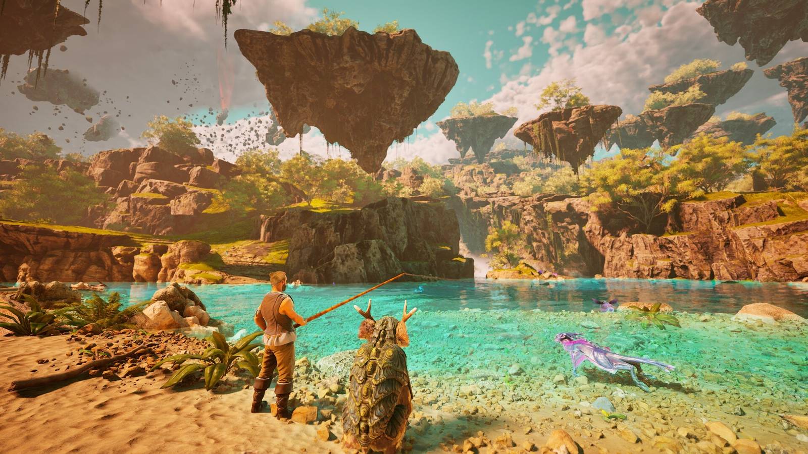 The player fishing surrounded by floating islands in Guardians of the Wild Sky.