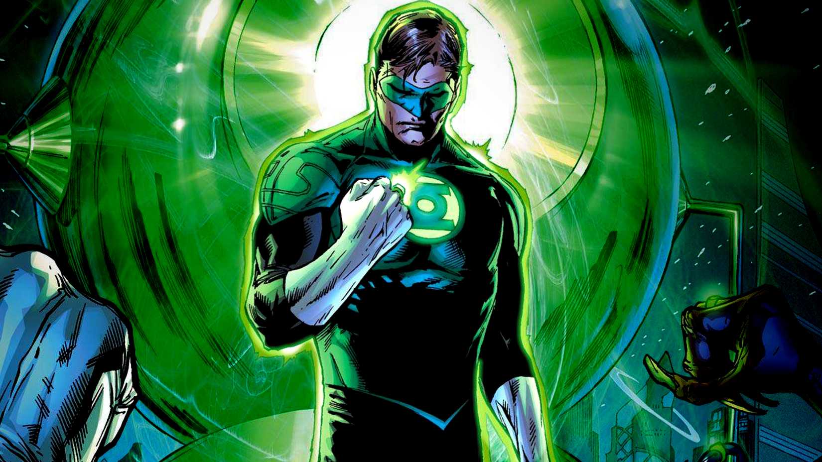 Hal Jordan looks at his power ring in front of a giant Green Lantern
