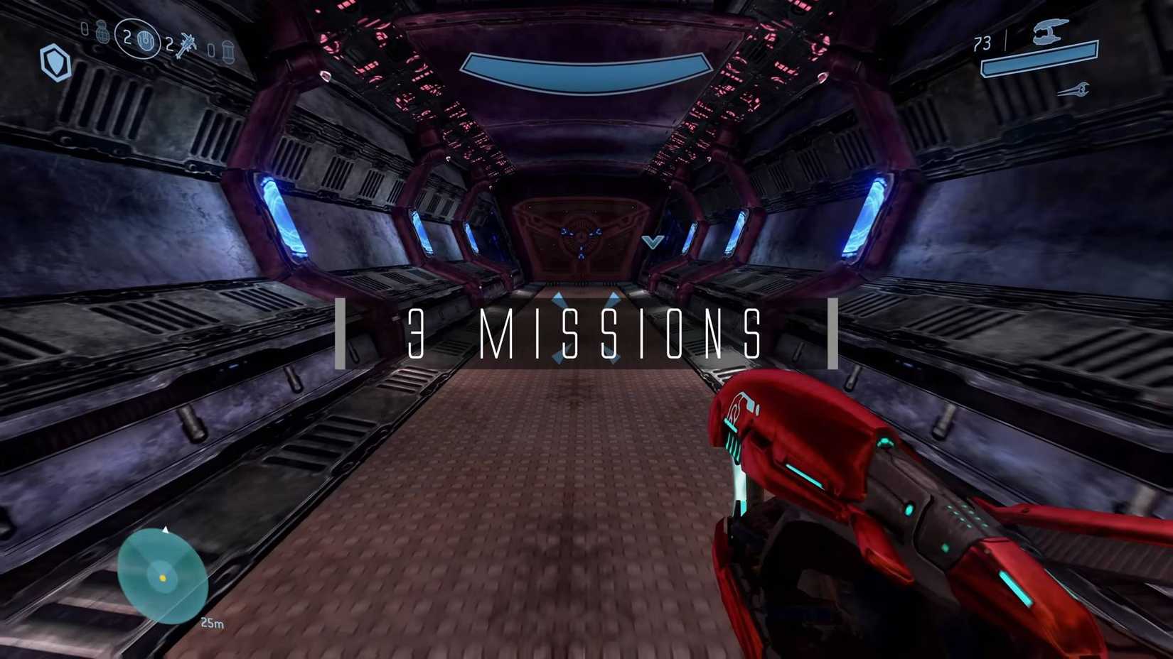 The player holding a gun with the words "3 Missions" in the middle of the screen in Halo: New Covenant's trailer.