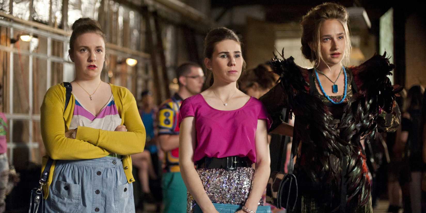 Hannah, Shoshanna, and Jessa at a warehouse party in Girls