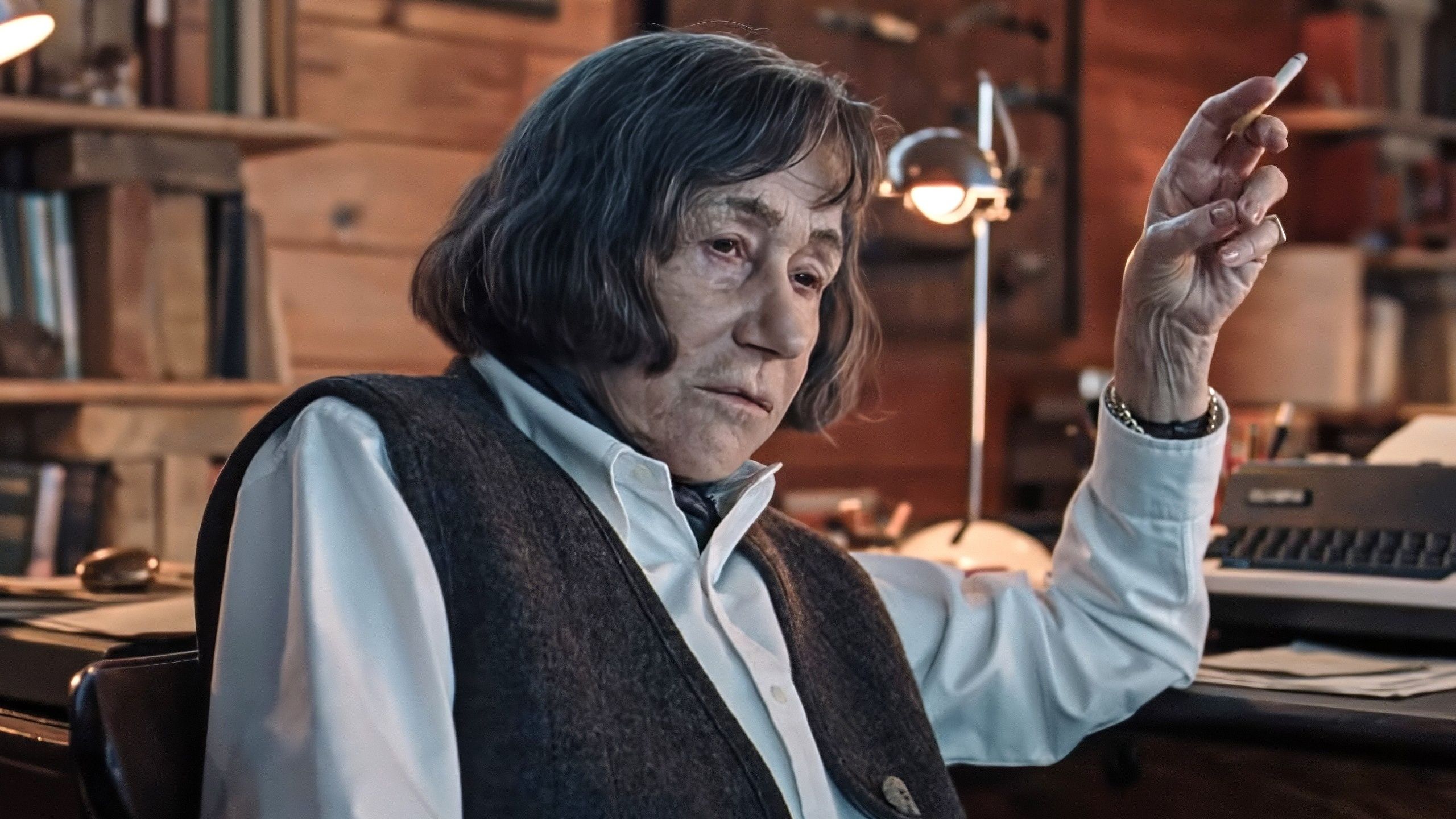 Helen Mirren as Patricia Highsmith smoking a cigarette in A Talent for Murder