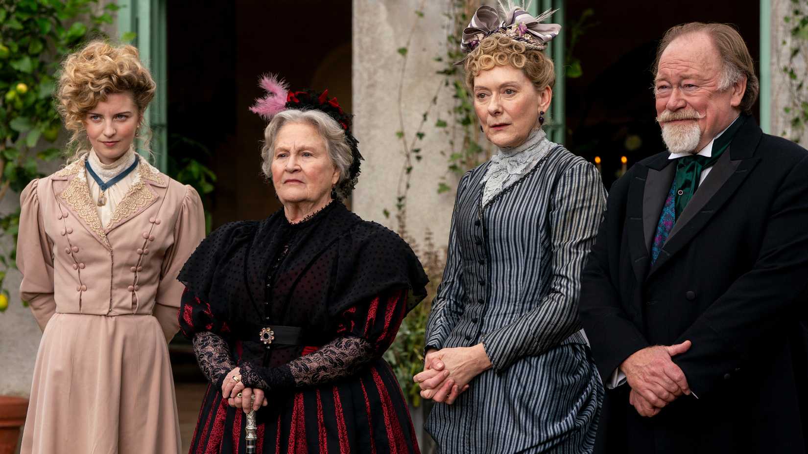 Holly Sturton (Lady AdellaFitzherbert), Michele Dotrice (Lady Imelda Hansen), Cathy Belton (Lady EmmaFitzherbert), and Owen Roe (Lord George Fitzherbert) in The Hardacres season 2