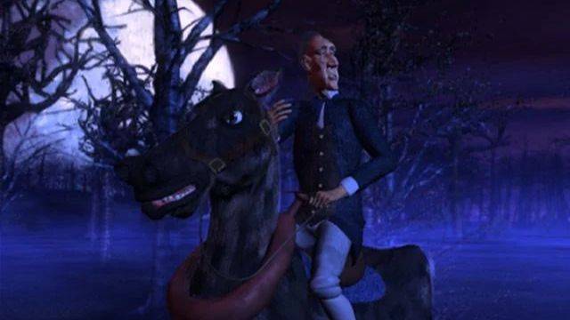 Ichabod Crane riding a horse in The Night of the Headless Horseman.