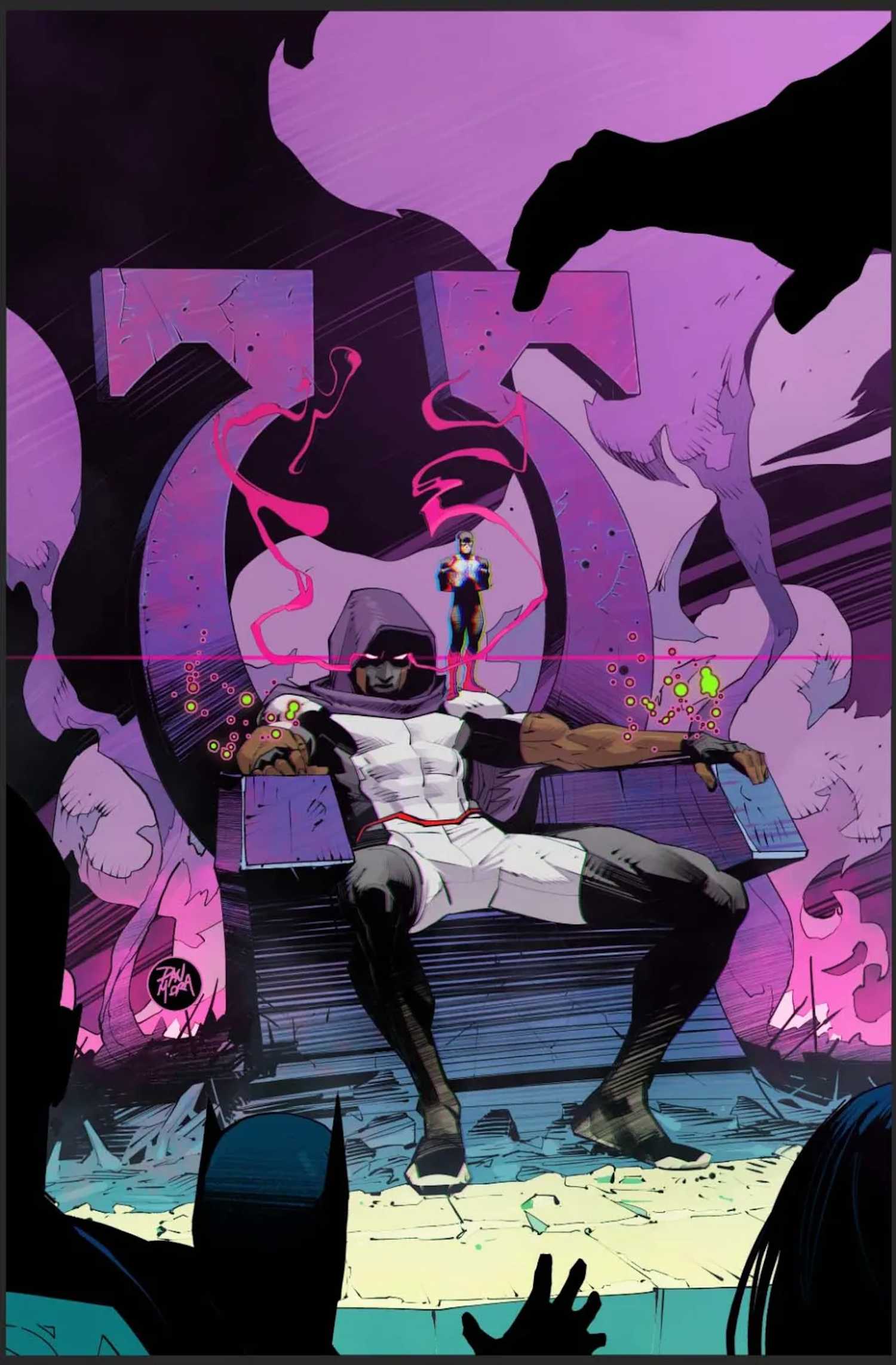 Mr.Terrific sitting on a throne with The Atom standing on his shoulder