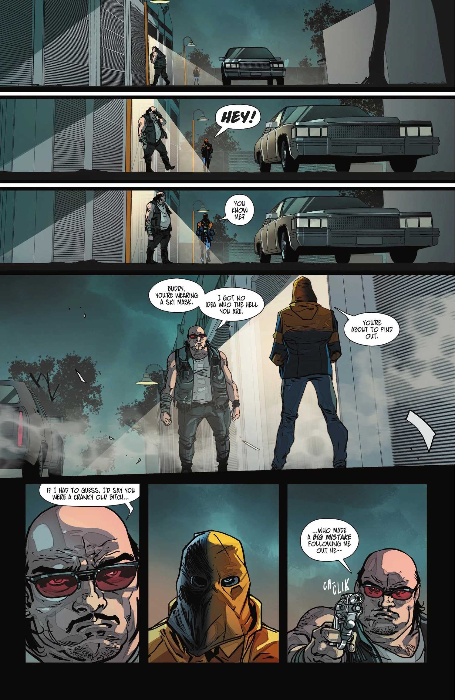 Deathstroke in his new low-tech costume approaching a guy in sunglasses and a leather vest, who pulls out a gun