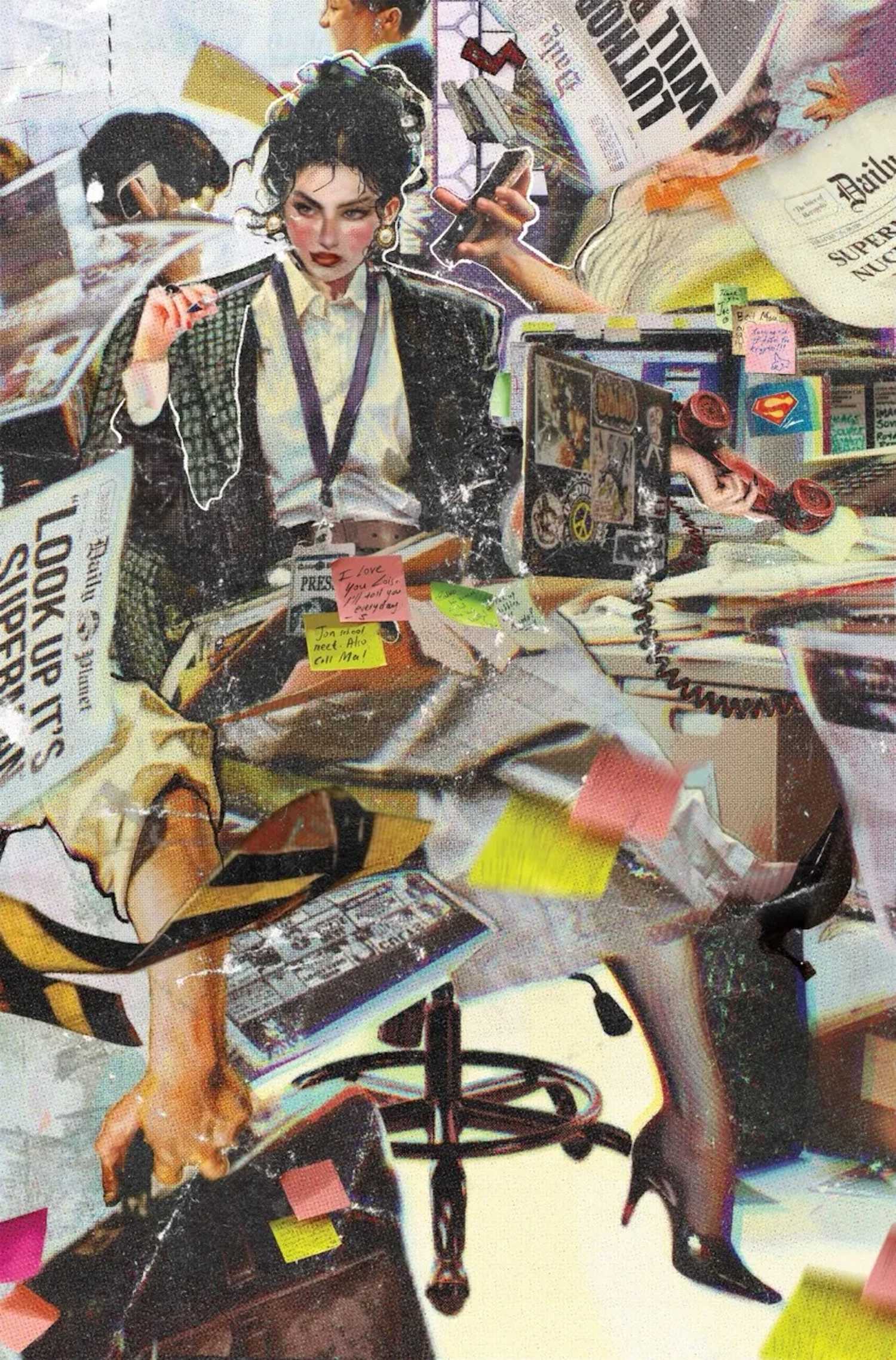 Lois Lane seated at her desk in the middle of a busy day at The Daily Planet