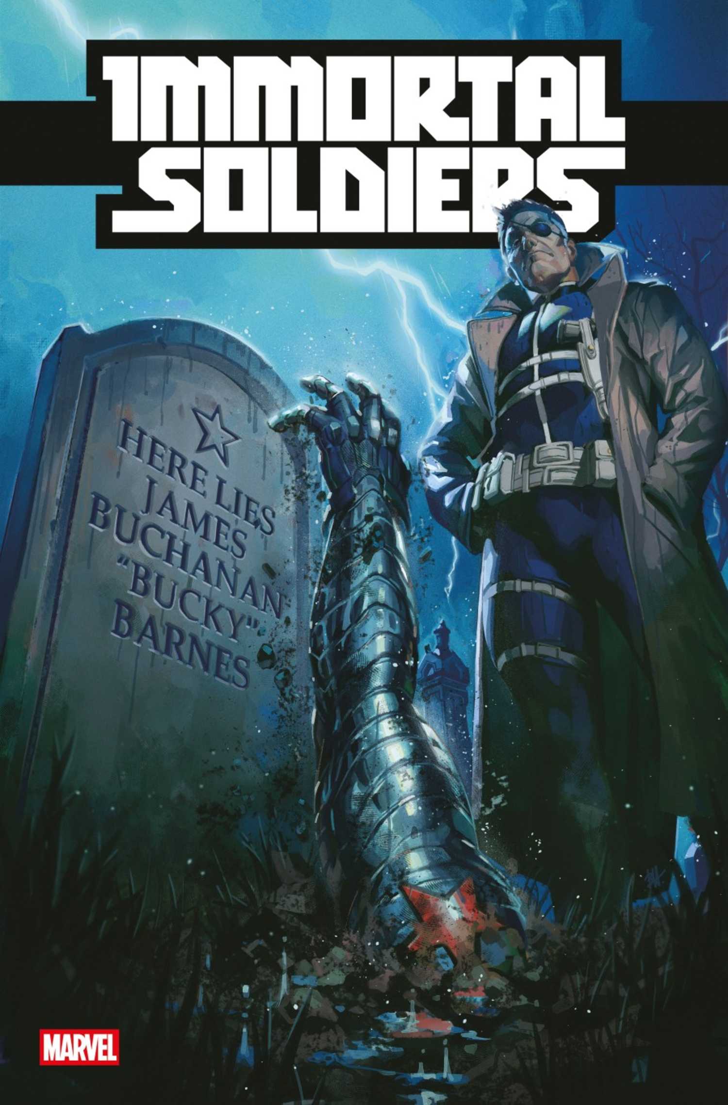 Immortal Soldiers #1 cover, Bucky's metallic arm busting out of his grave while Nick Fury watches