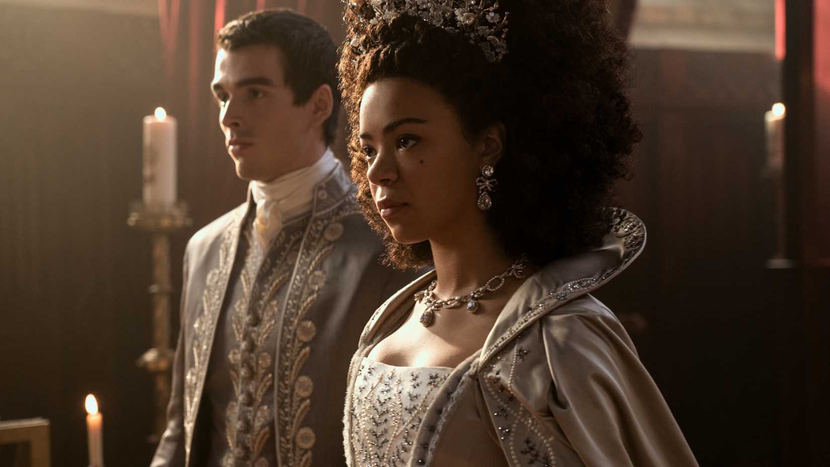 India Amarteifio and Corey Mylchreest in Netflix's Queen Charlotte series.