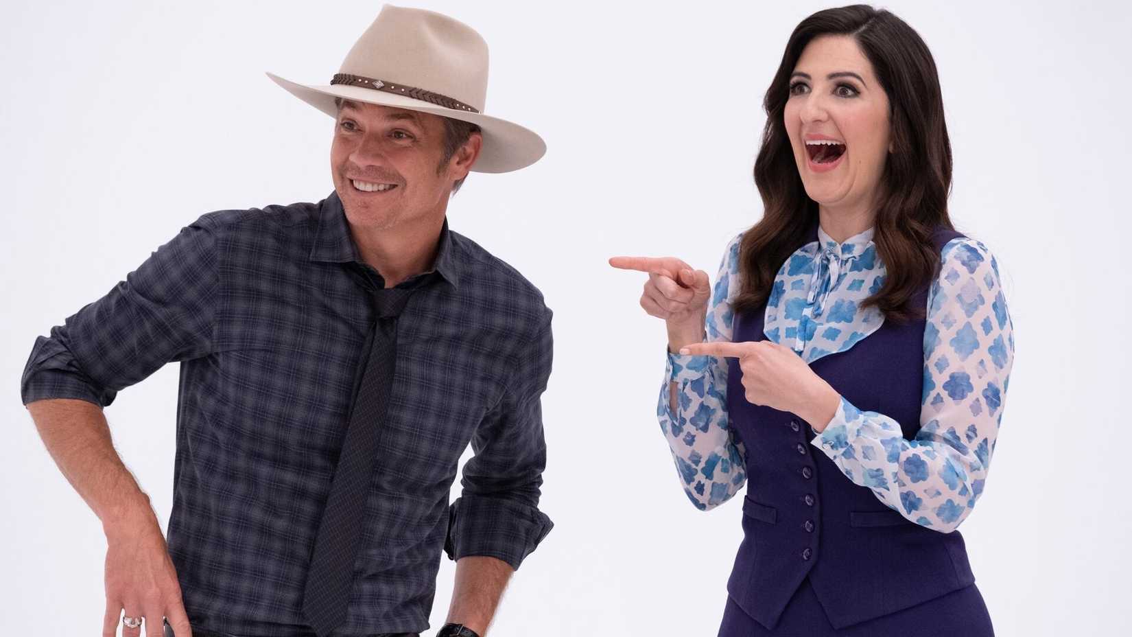 Janet pointing at Timothy Olyphant in The Good Place
