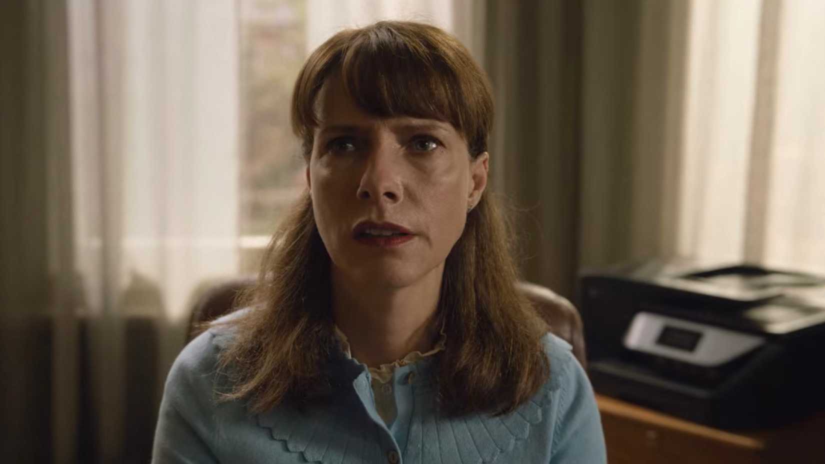 Janice wears a blue shirt and looks worried in BBC's Inside Man