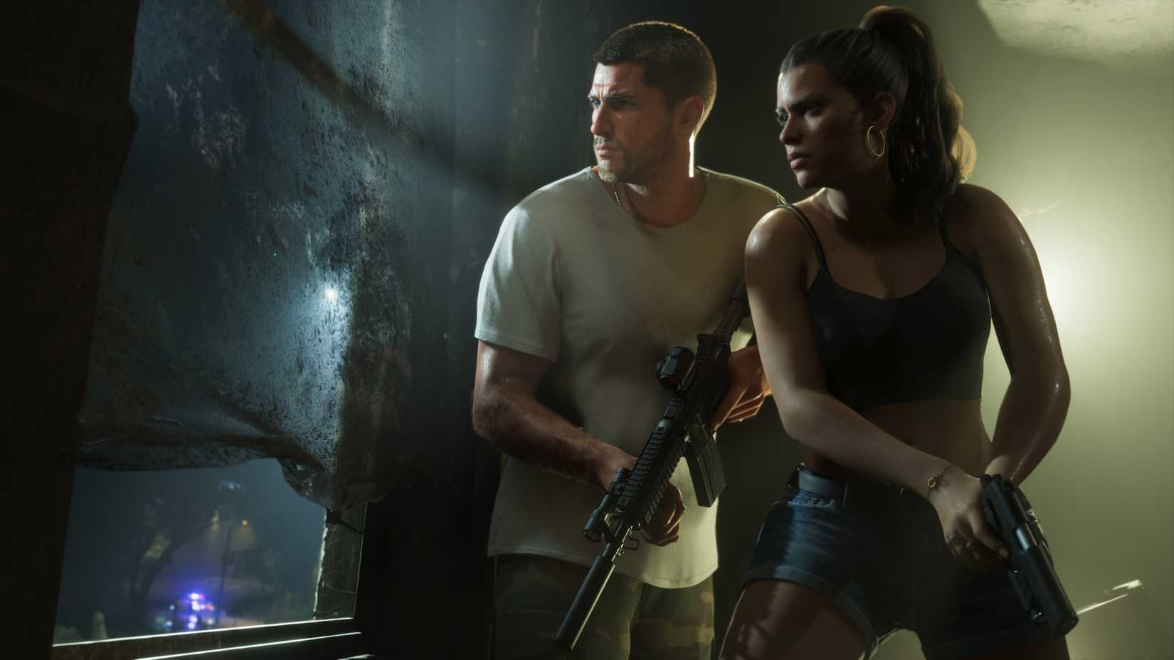 Jason and Lucia holding guns looking out the window GTA 6