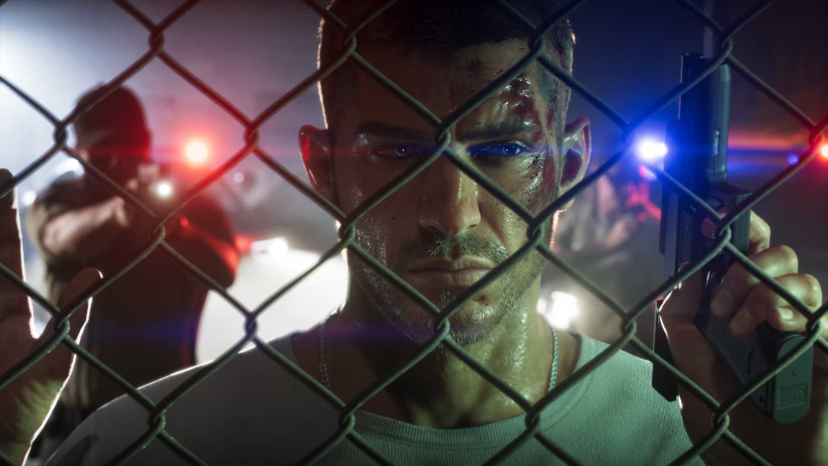 Jason up against a fence with a cop pointing a gun at him from behind in GTA 6