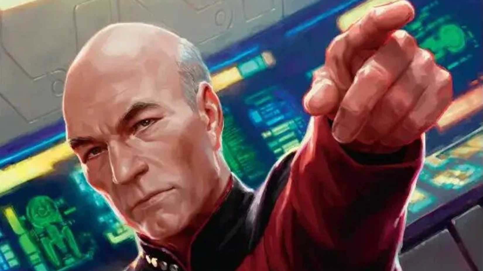 Art of Captain Jean-Luc Picard pointing from the Star Trek Universes Beyond Magic: The Gathering set.