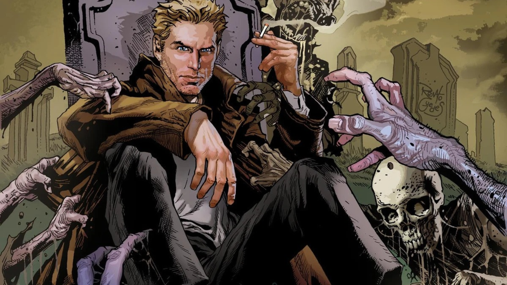 John Constantine smoking a cigarette in a cemetery with hands reaching for him