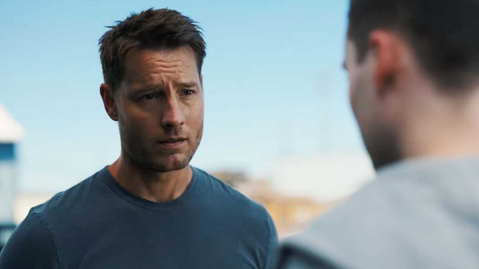 Justin Hartley as Colter Shaw and Christopher Convery as Charlie in Tracker season 4, episode 1