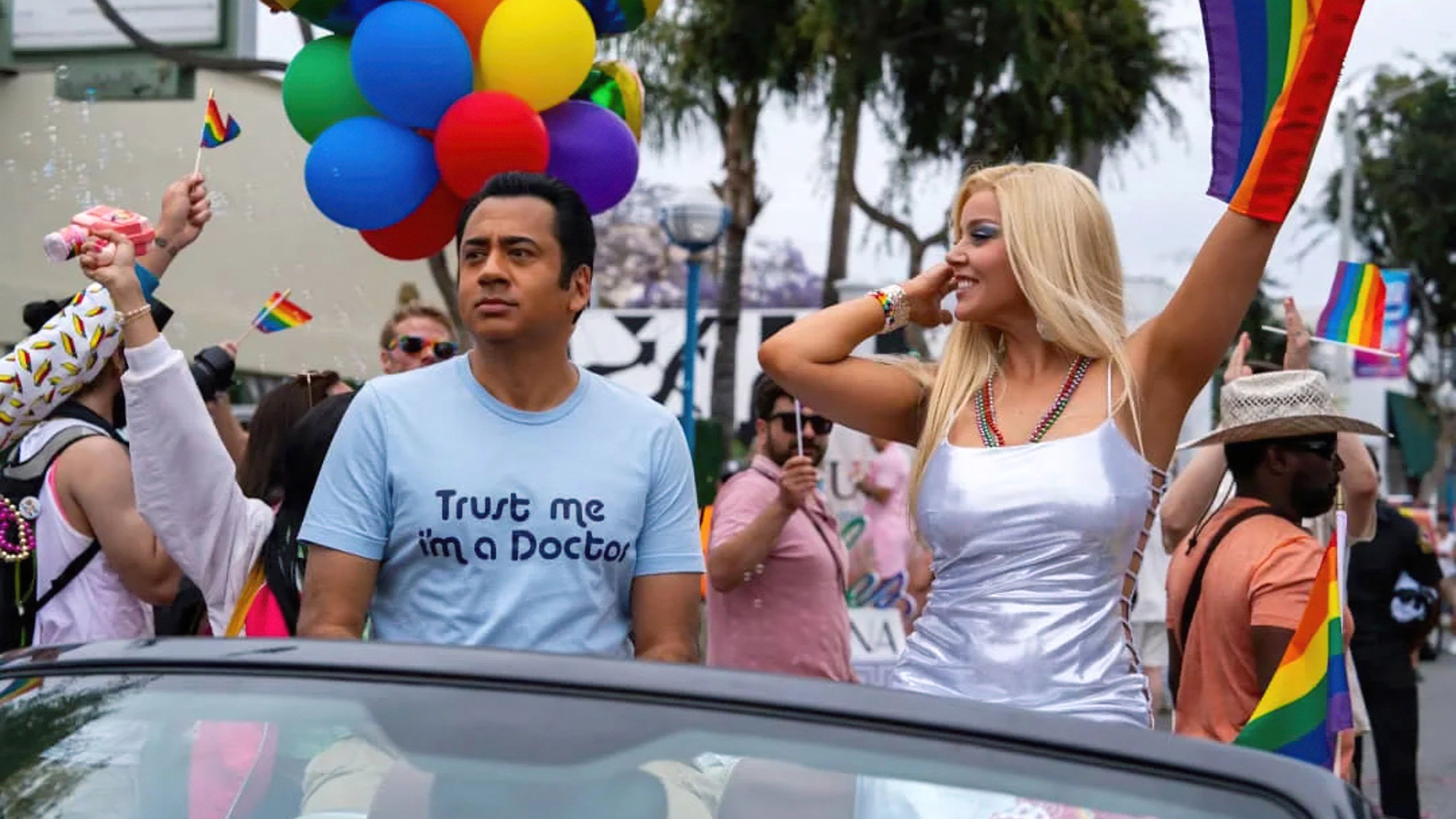 Kal Penn and Abbie Cornish at a gay pride parade in Trust Me, I'm a Doctor
