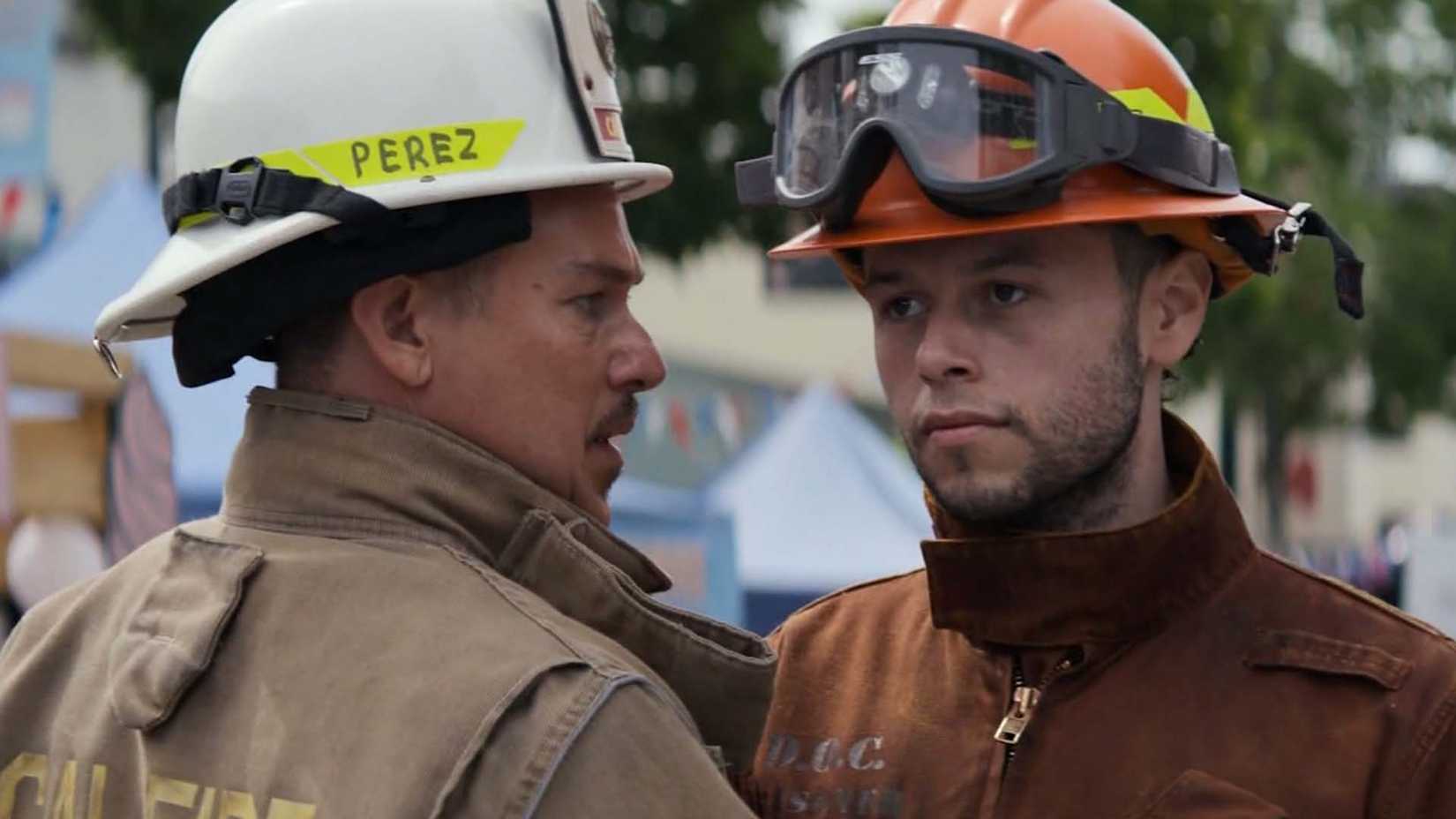 Kevin Alejandro as Manny Perez and Ethan Jones Romero as Angel Perez in Fire Country season 5, episode 1
