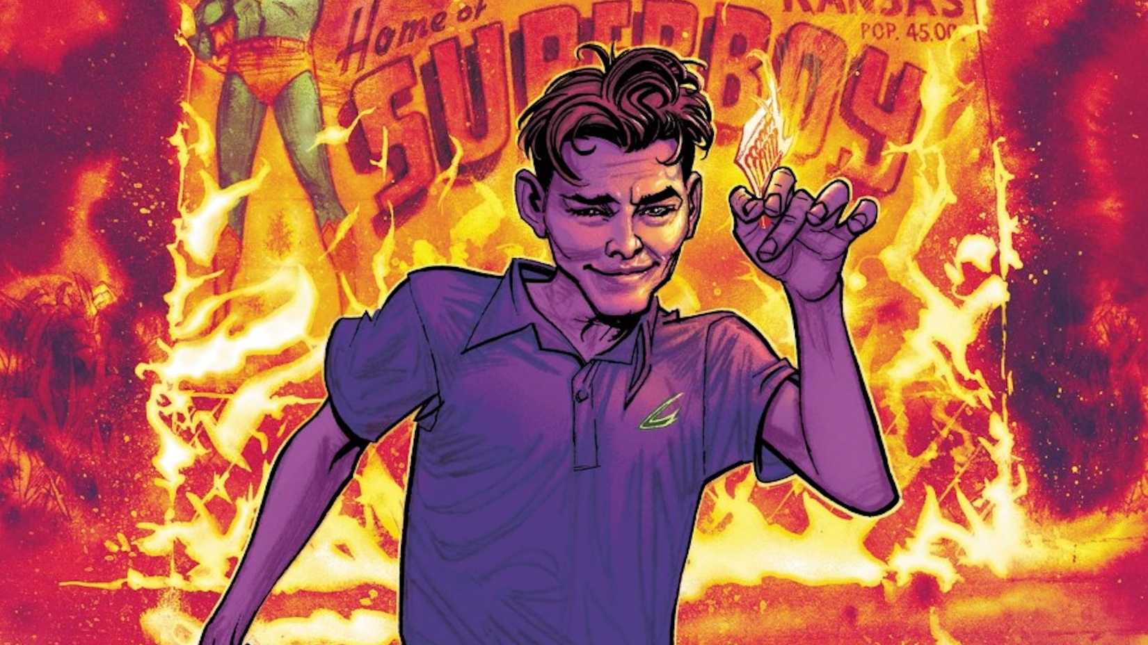 Teenaged Lex Luthor walking away from a burning sign advertising Superboy in Smallville