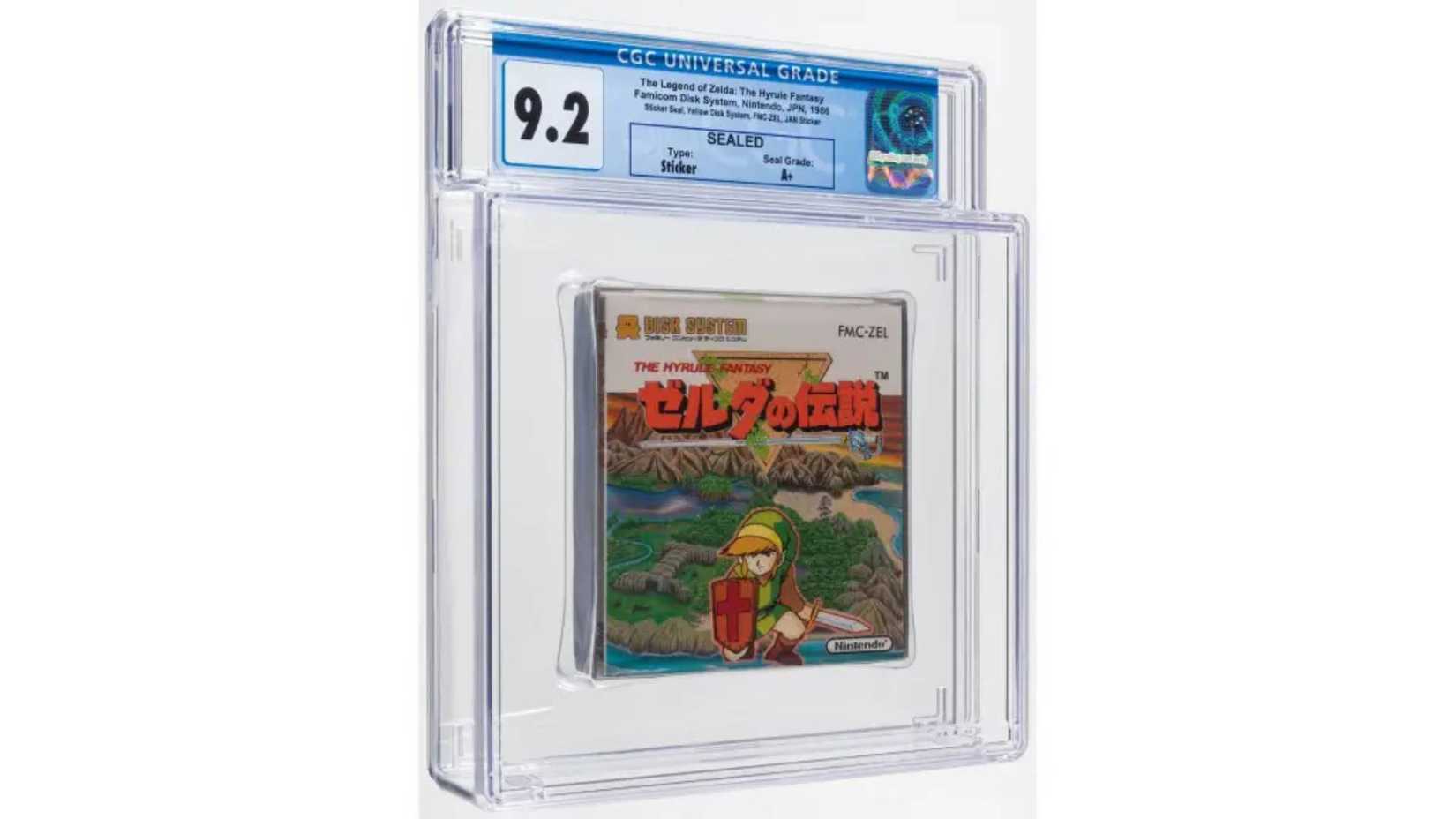 A graded copy of The Legend of Zelda in its box.