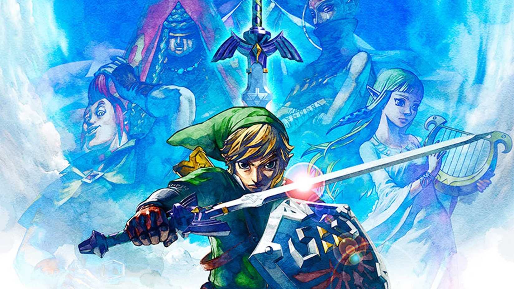 Art of Link holding the Master Sword with various characters from Skyward Sword behind him.