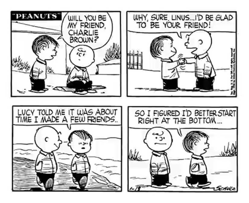 Linus and Charlie Brown become friends in the Peanuts Comic strip from January 18, 1956
