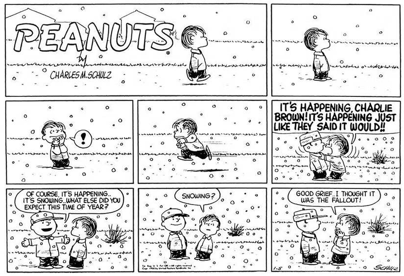 Linus mistakes snow for nuclear fallout in Peanuts comic