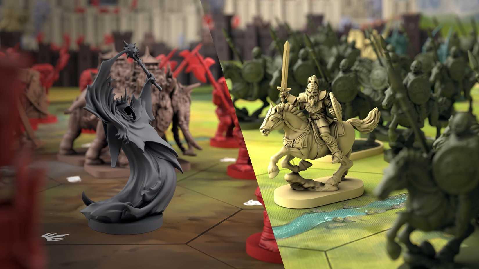Miniatures from two opposing factions in The Lord of the Rings: The King's Gambit.