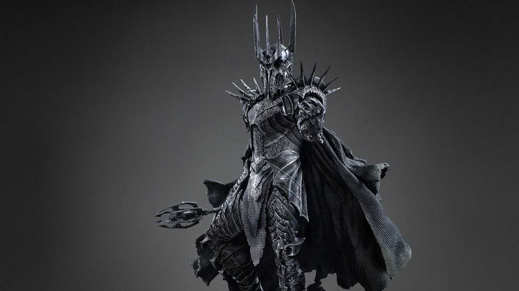 The Sideshow Sauron Lord of the Rings statue against a grey background.