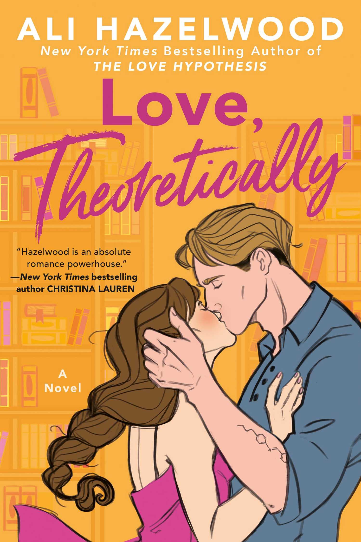 Love Theoretically book cover shows two people kissing in a library