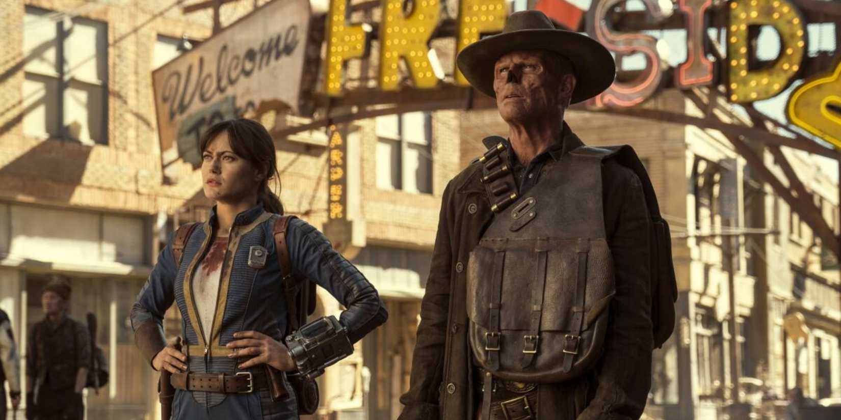 Lucy and the Ghoul arriving at Freeside in the Fallout TV show