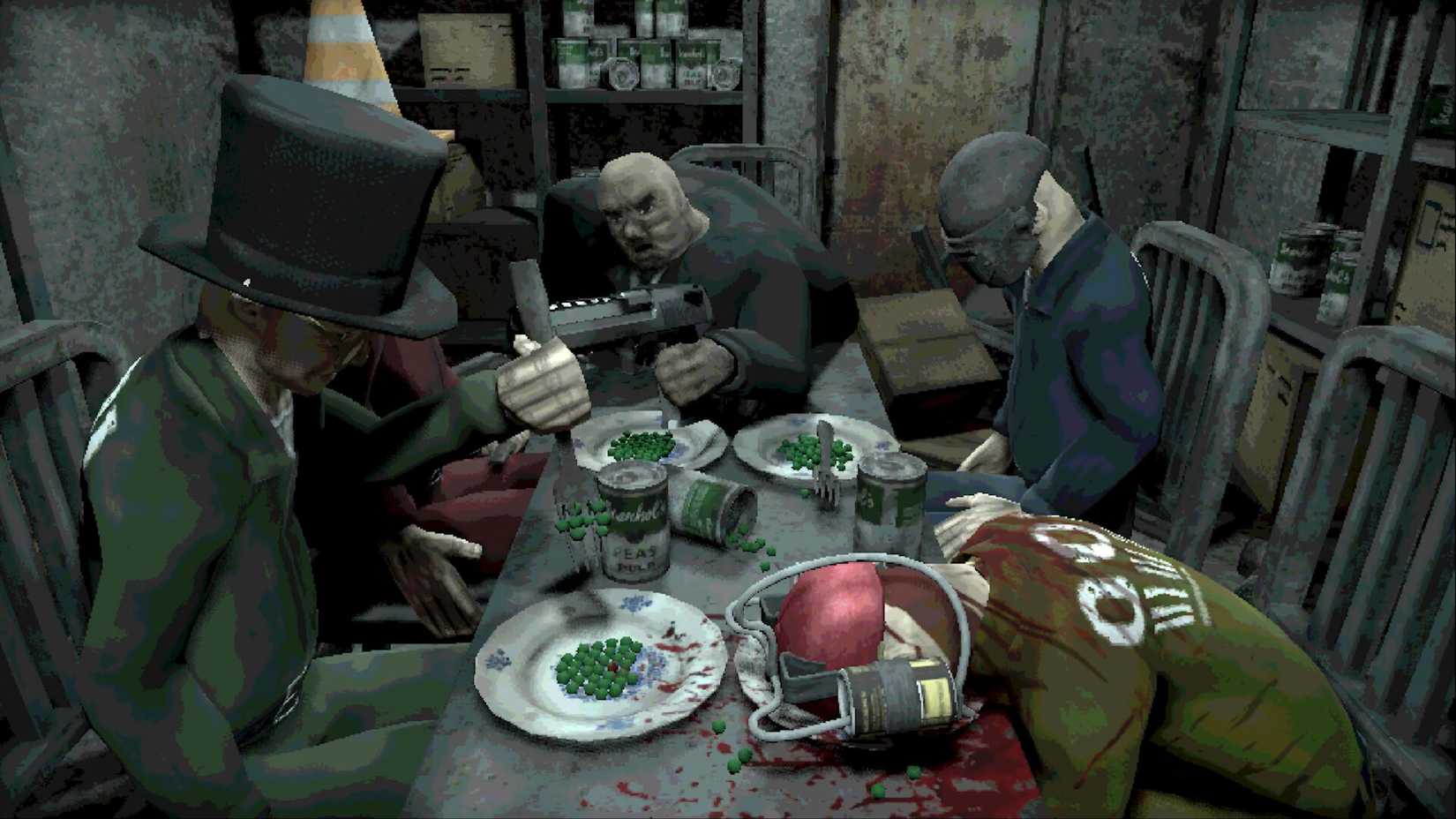Machine party four men around a tale with one dead