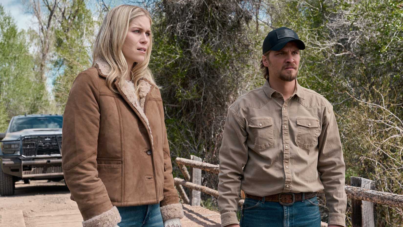 Still of Luke Grimes as Kayce Dutton and Ellyn Jameson as Dolly Weaver in Marshals season 2.