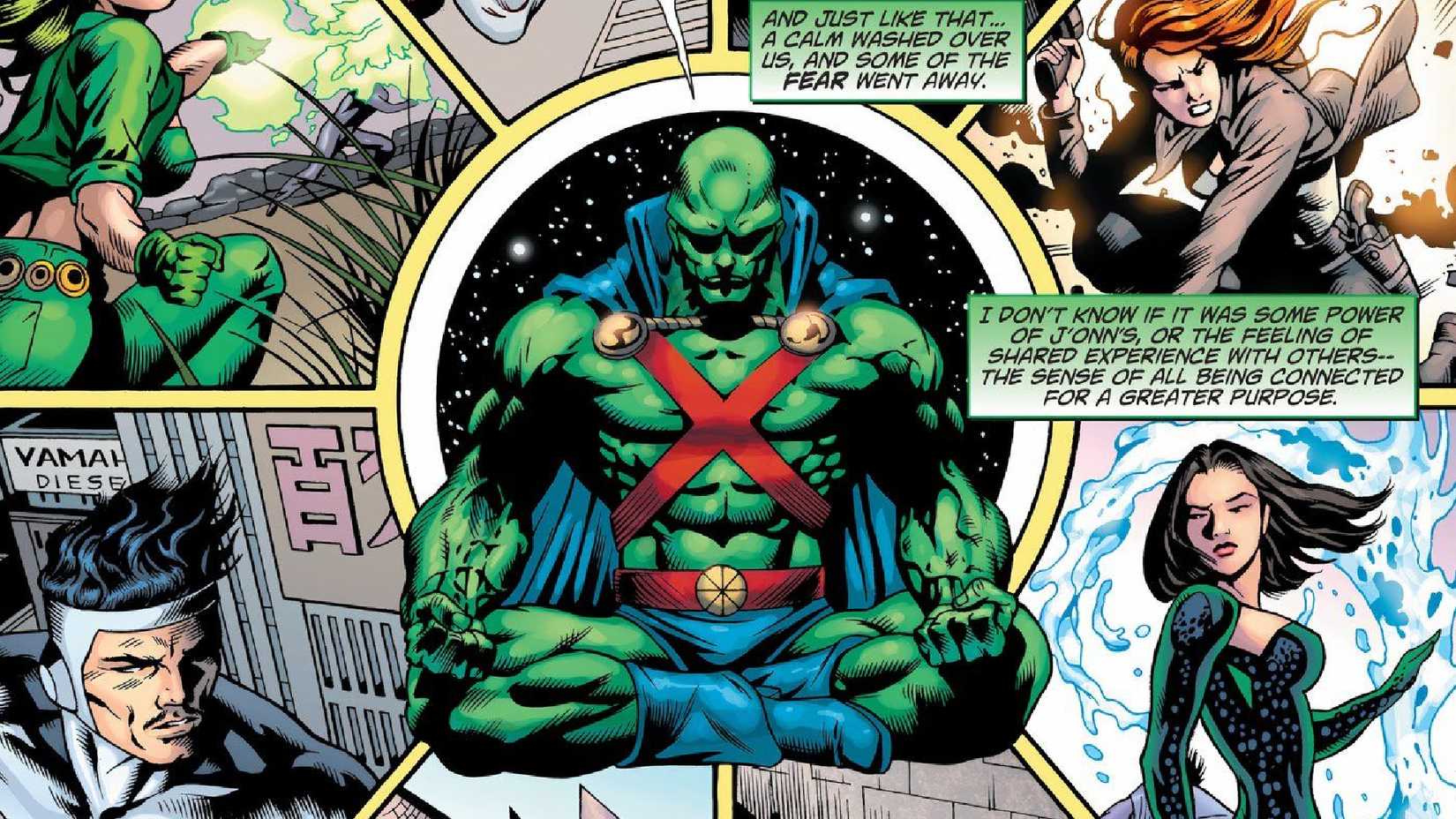 Martian Manhunter meditates surrounded by a Justice League team