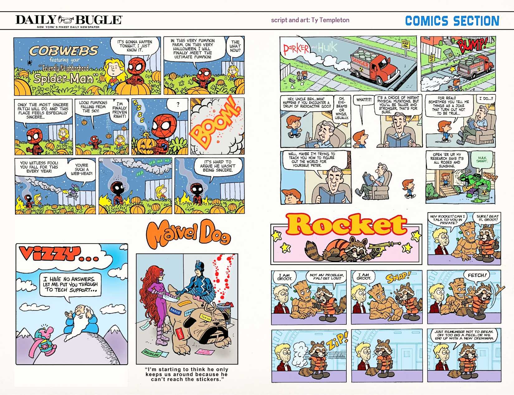 Marvel homage to Peanuts and Calvin and Hobbes, made to look like the Daily Bugle funny pages