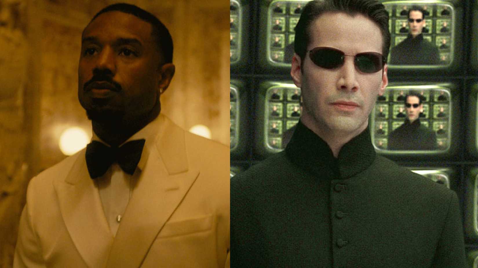 Michael B jordan in The thomas crown Affair next to Keanu Reeves in The Matrix