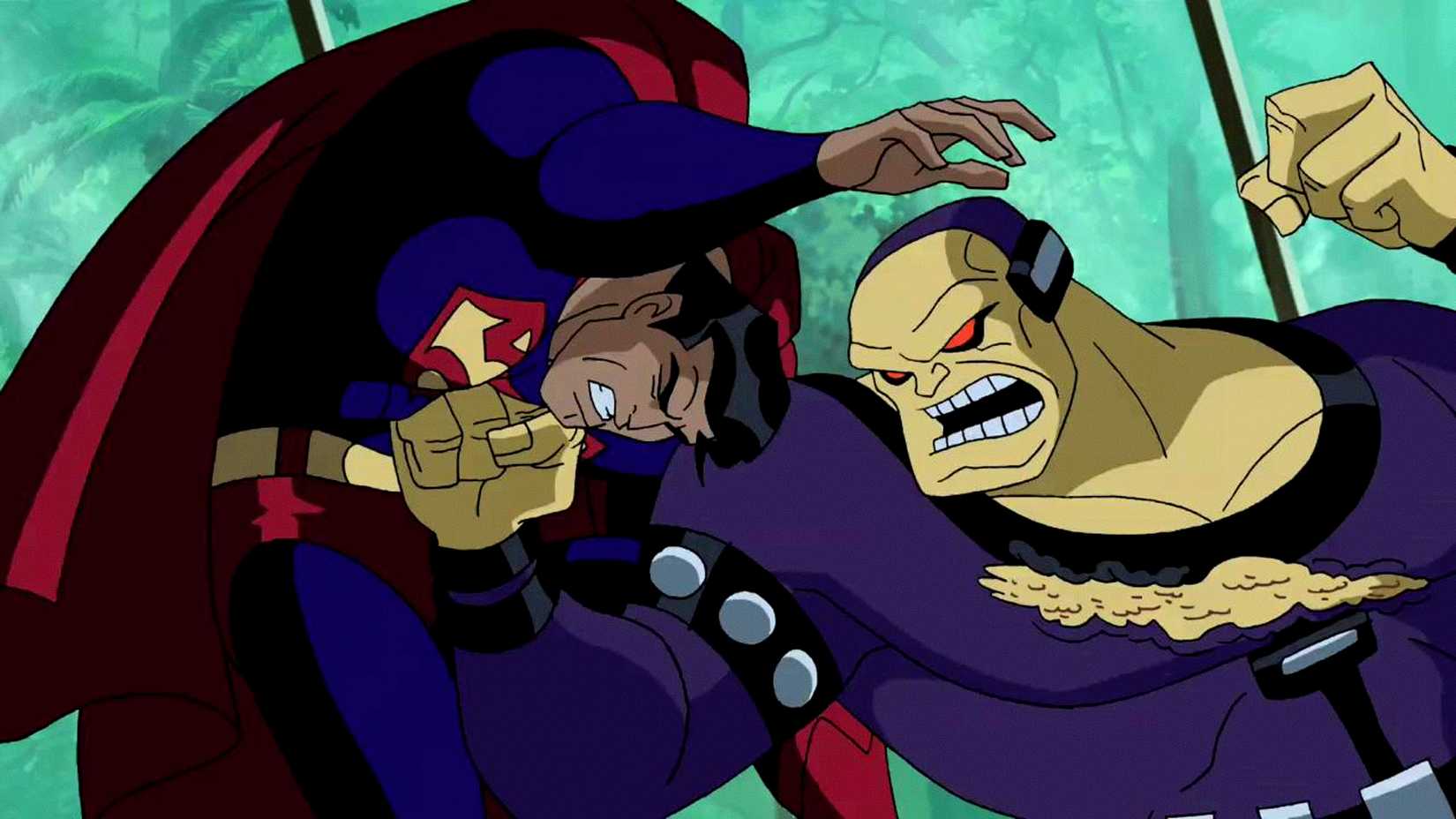 Mongul punches Superman in the chest in Justice League Unlimited