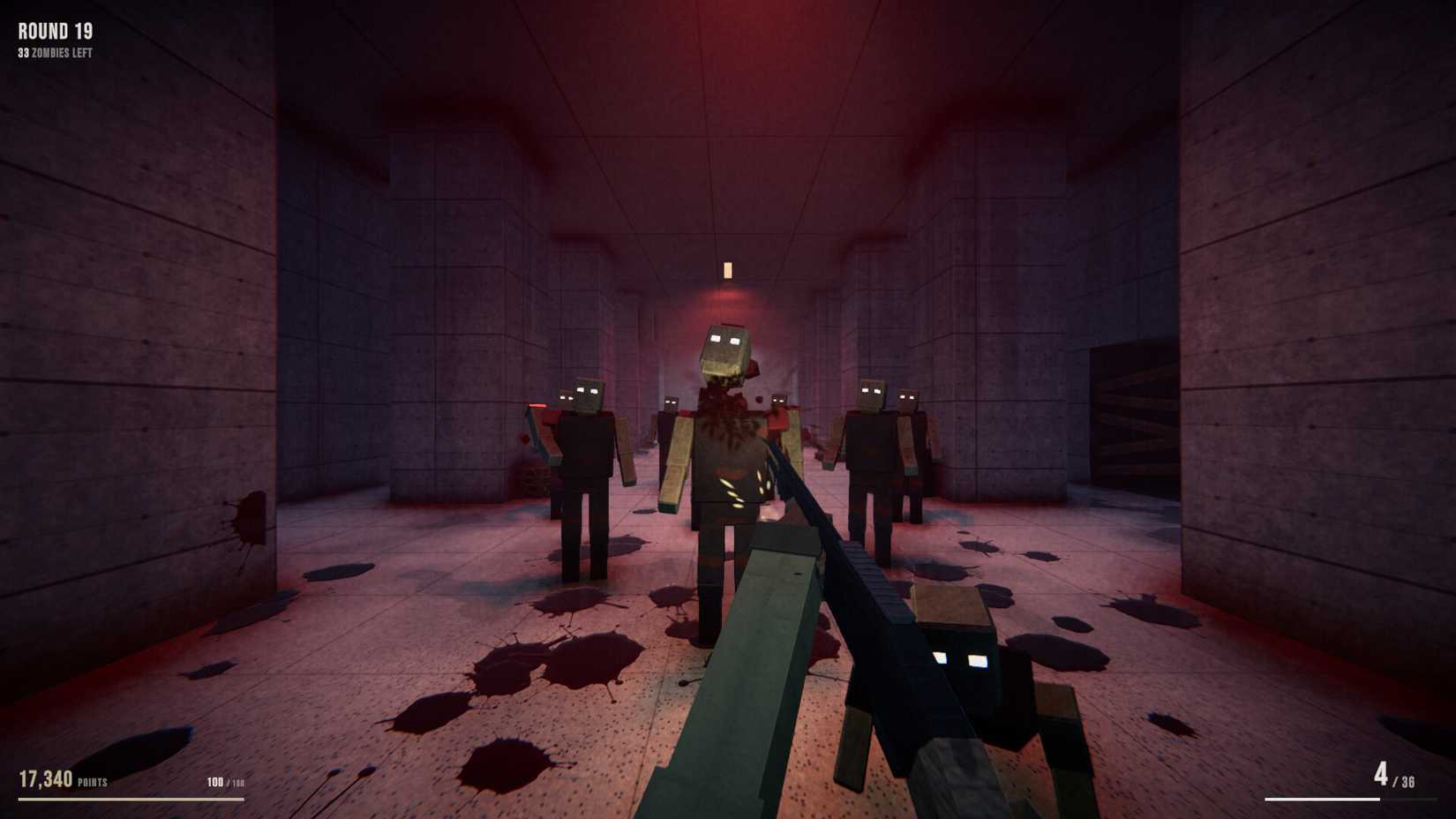 The player blasting the head of a zombie off in Mortuus.