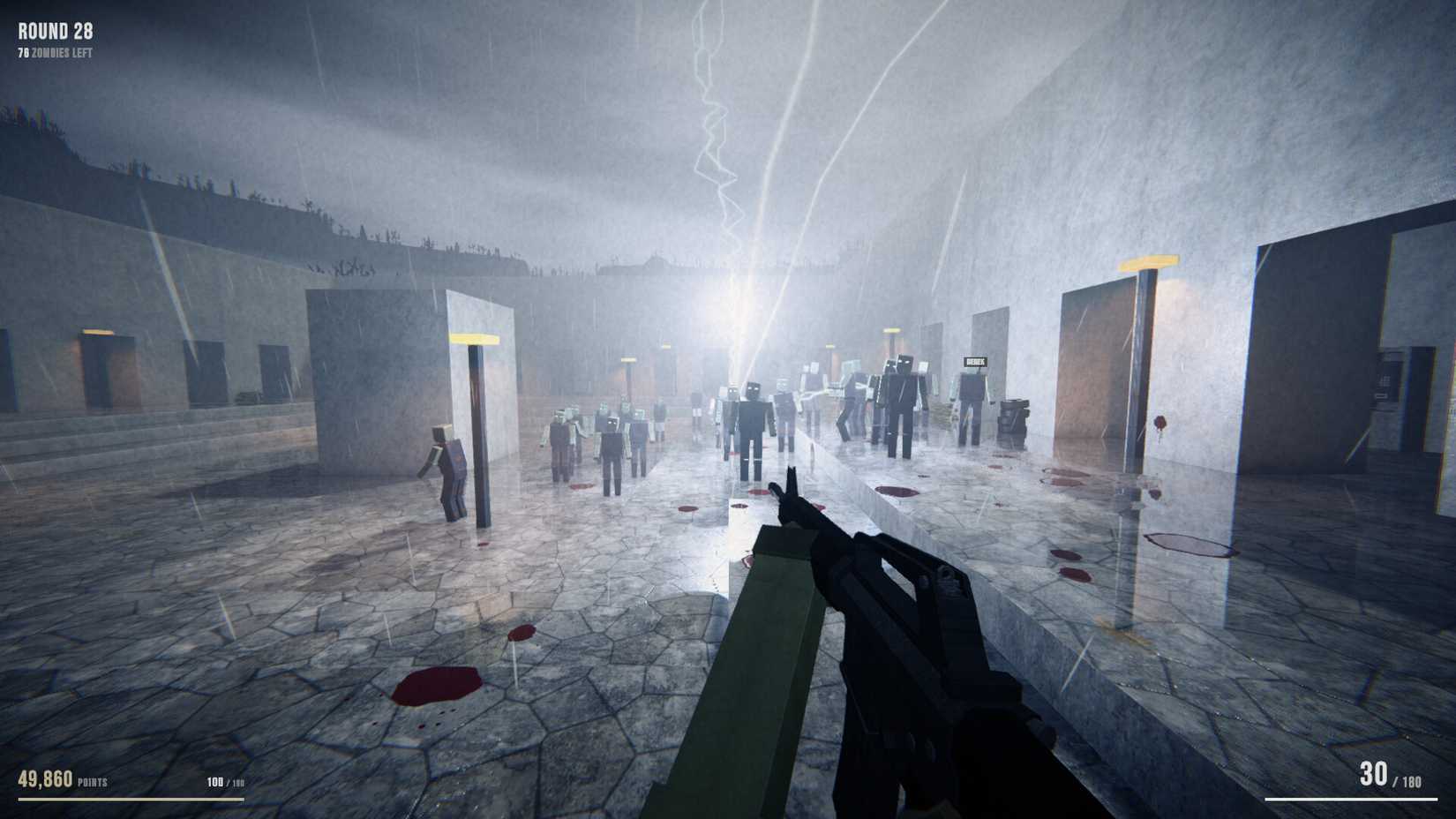The player looking at approaching zombies while lightning strikes them in Mortuus.