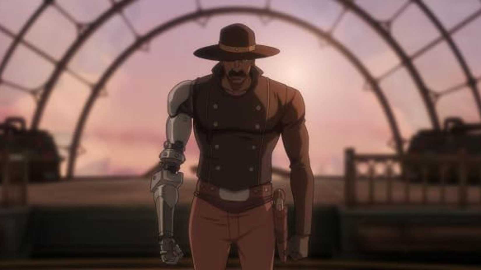 A cartoon man with a metal arm dressed in the style of the Wild West