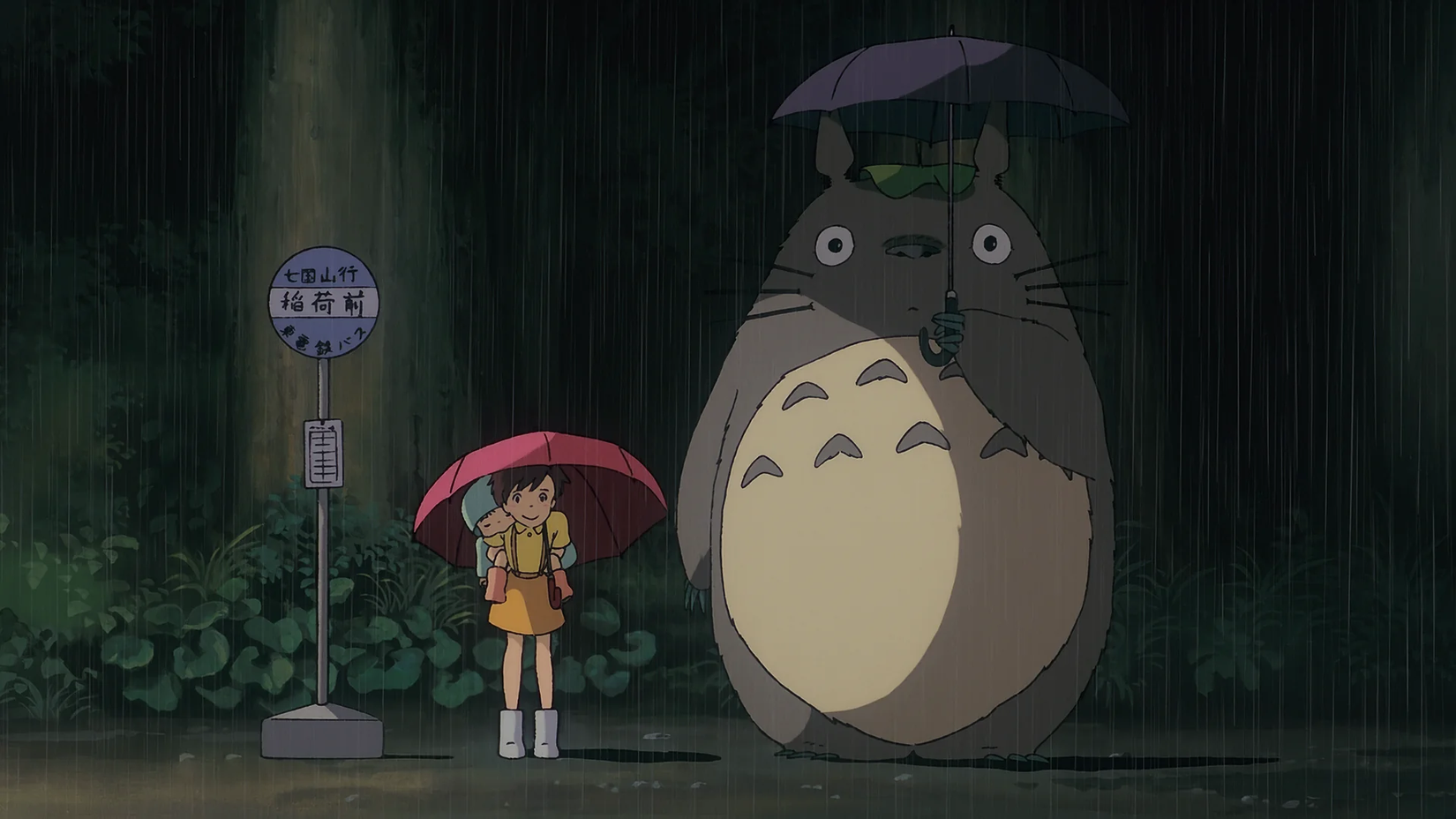 my neighbor totoro satsuki and mei in the rain with totoro