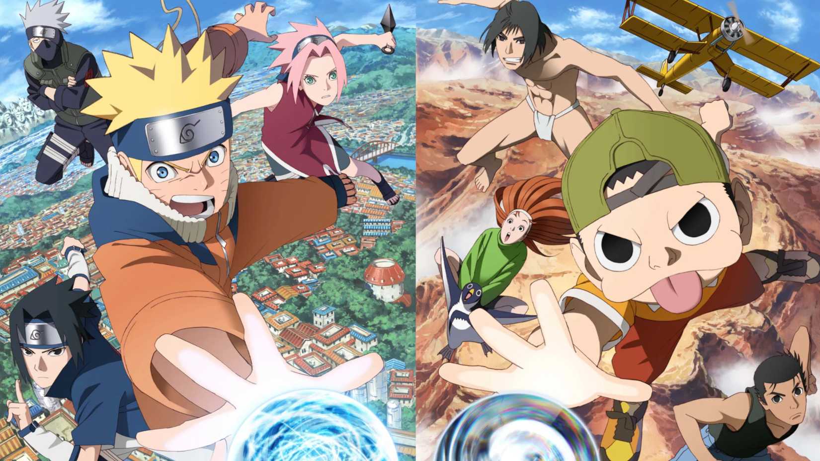 Naruto Ninku Crossover anime Key Art Cropped together shows Naruto and Fuusuke using their signature attack towards each other while their friends are in the background of each.
