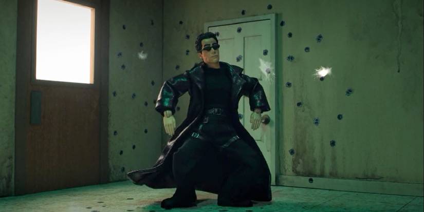 Neo from the matrix dodging bullets in Robot Chicken