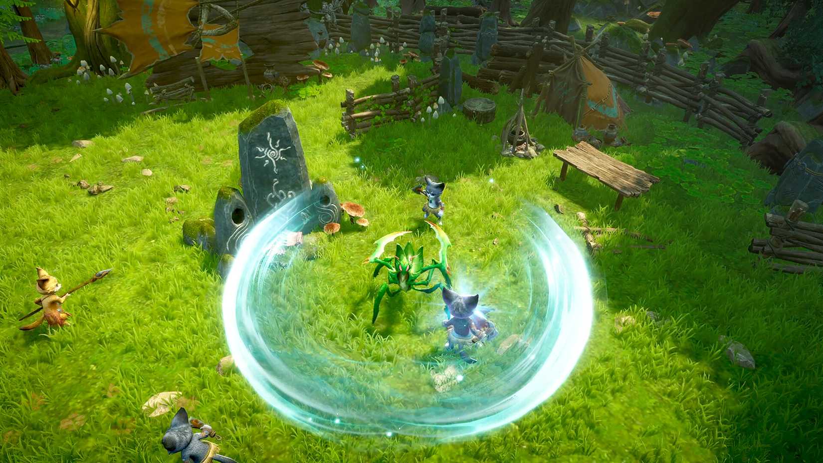 A bug creature fighting cat creatures in Never Wither.