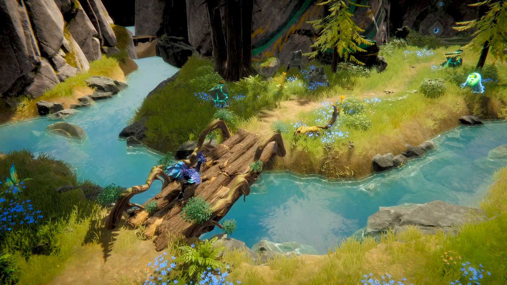 A creature riding across a wooden bridge in Never Wither.