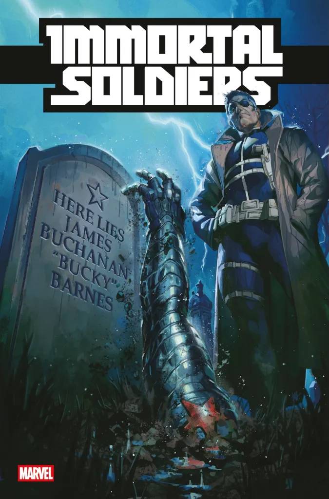 Nick Fury Sr stands atop Bucky Barnes' grave in Immortal Soldiers #1