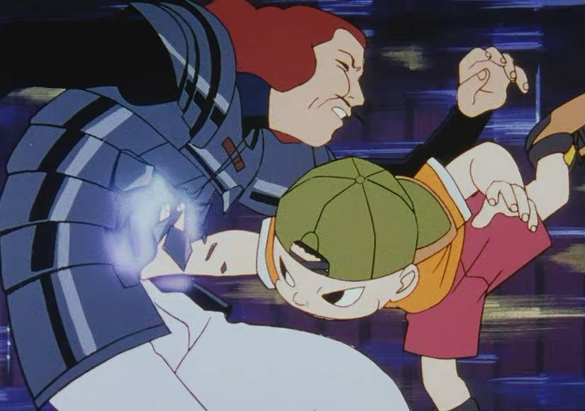 Screenshot from Ninku anime show Fuusuke using his Air Fist technique, causing a glowing blue aura collected in his fist, cracking metal armor warn by a leader wearing an eyepatch in Episode 2.